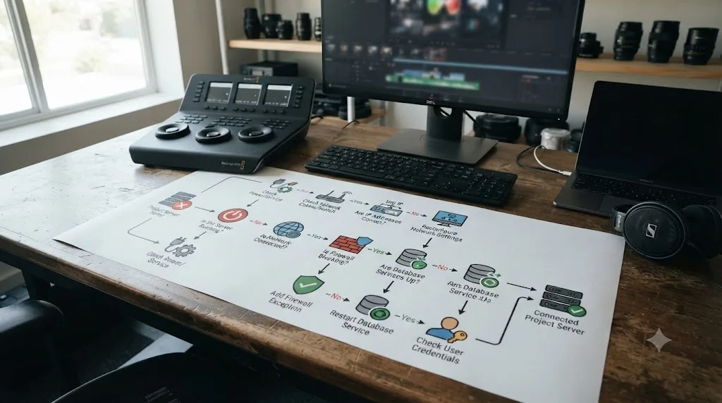 Illustration of a troubleshooting flowchart for DaVinci Resolve Project Server connection failures