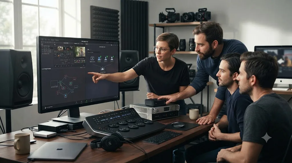 Illustration of a video editing team deciding between local and cloud collaboration setups for DaVinci Resolve
