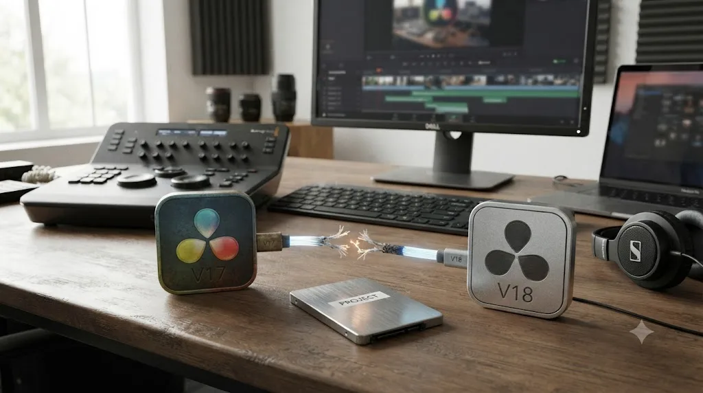 Illustration of a version mismatch breaking a shared DaVinci Resolve project between an older and newer release
