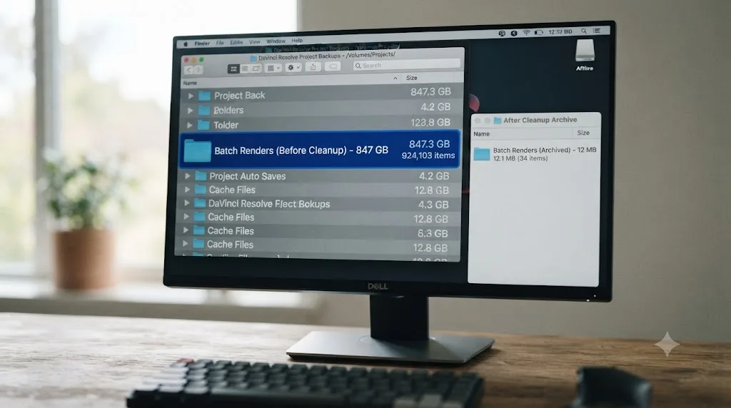 Illustration of a DaVinci Resolve project folder showing an oversized Batch Renders subfolder before cleanup