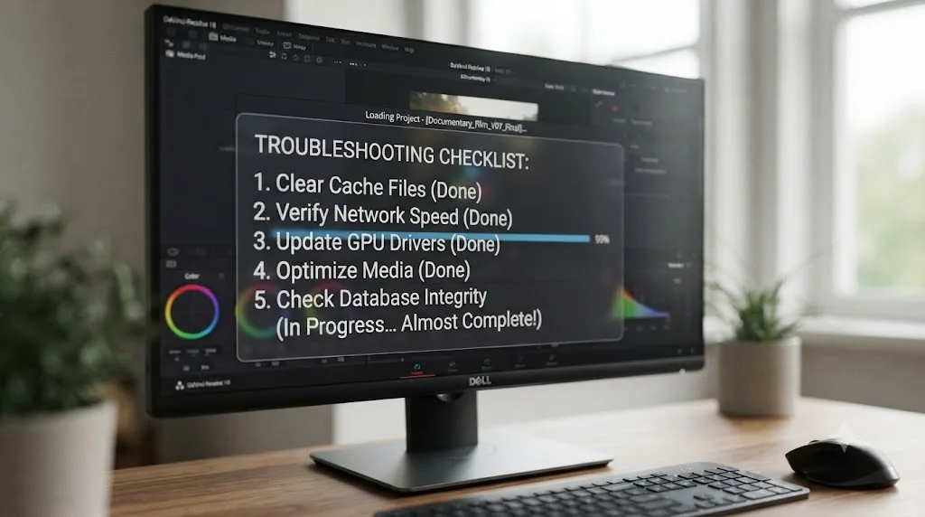 Illustration of a numbered troubleshooting checklist overlaid on a DaVinci Resolve project loading screen