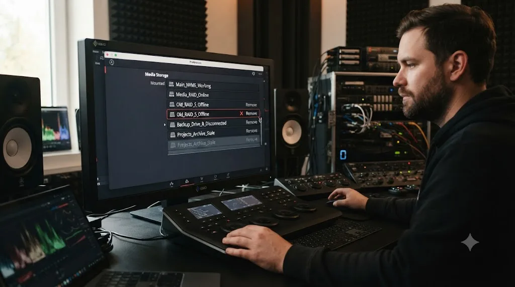 Illustration of DaVinci Resolve's Media Storage preferences panel with stale drive entries being removed