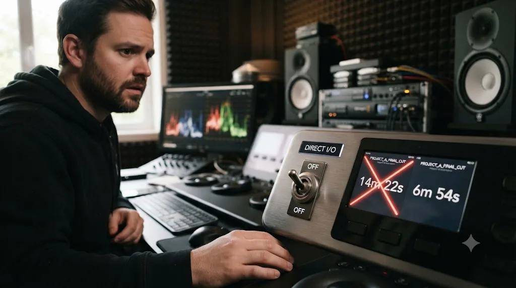 Illustration of DaVinci Resolve's Direct I/O toggle set to off next to a comparison of export times