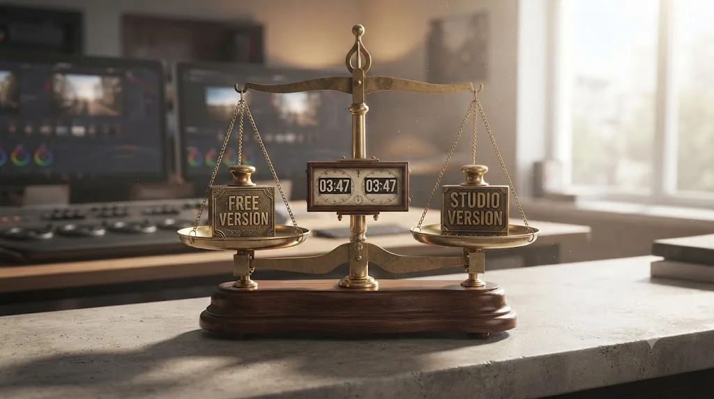 Illustration comparing DaVinci Resolve free and Studio versions showing identical project load times on both