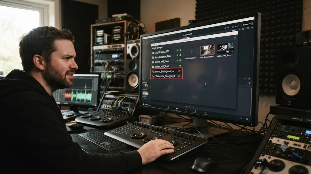 Illustration of a DaVinci Resolve Project Manager listing project libraries with unreachable network entries highlighted