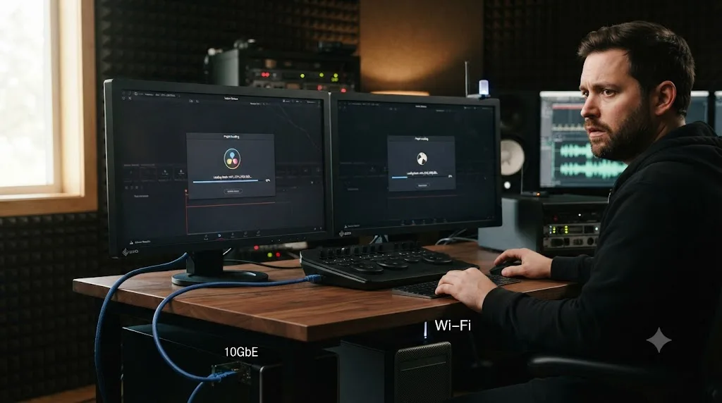 Illustration comparing DaVinci Resolve project loading speed over a fast wired SAN versus slow Wi-Fi network storage