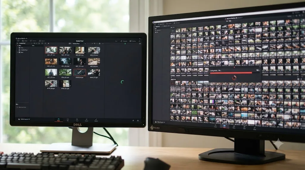 Illustration comparing a small fast-loading DaVinci Resolve project against a large slow-loading one with thousands of clips