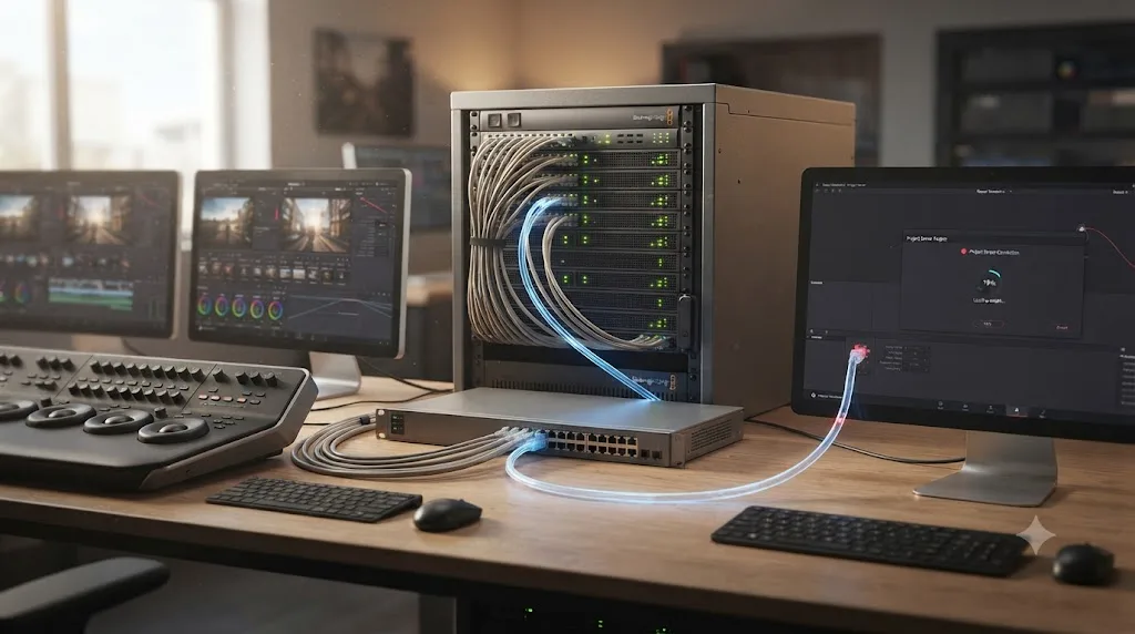 Illustration of multiple workstations connecting to a shared DaVinci Resolve project server with one connection lagging