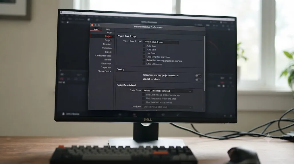 Illustration of DaVinci Resolve's User preferences panel with startup reload and load all timelines toggled off