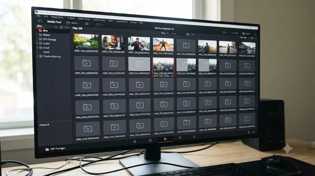 Illustration of DaVinci Resolve Media Pool clips regenerating thumbnails one by one during project load
