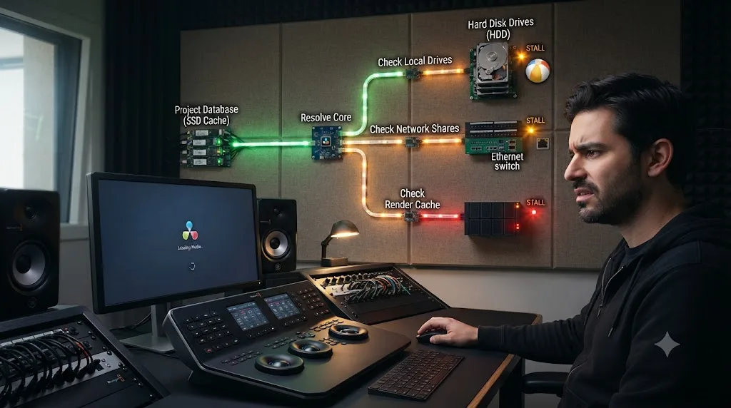 Illustration of DaVinci Resolve's project database loading quickly while separate media checks stall the process