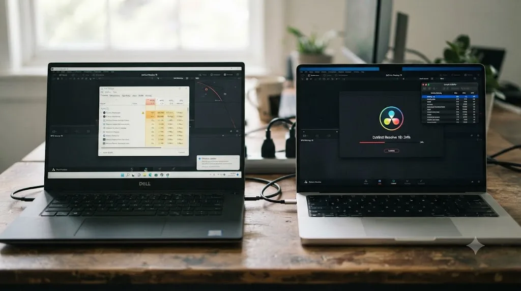 Illustration comparing platform-specific causes of slow DaVinci Resolve project loading on Windows and Mac