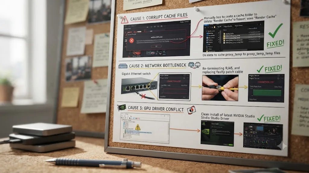 Illustration of a worked example diagnosing three stacked causes of slow DaVinci Resolve project loading on a shared team project