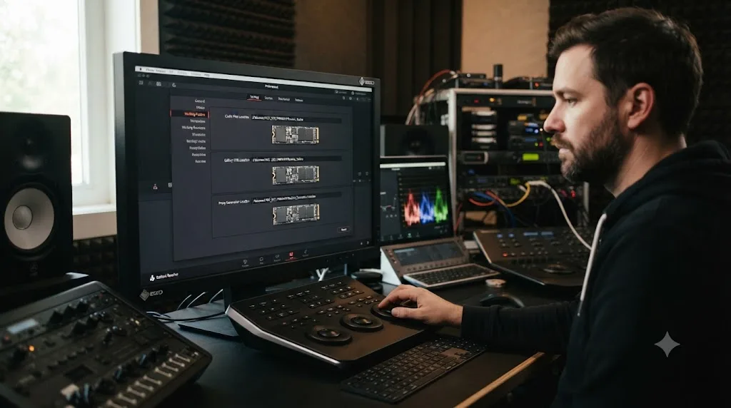 Illustration of DaVinci Resolve's Working Folders panel with cache locations pointed at a local SSD