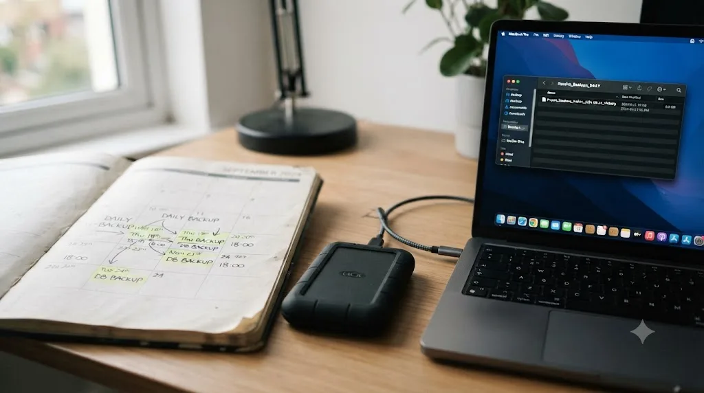 Illustration of a scheduled backup calendar next to a timestamped DaVinci Resolve database backup file