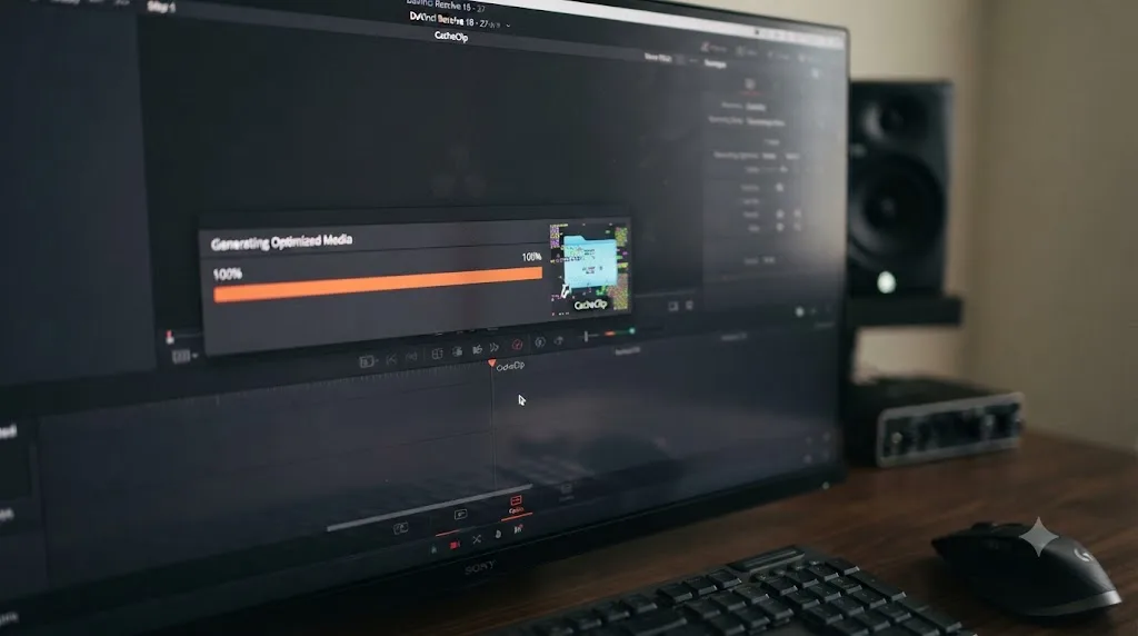 Illustration of a DaVinci Resolve progress bar frozen at 100 percent beside a corrupted cache folder icon