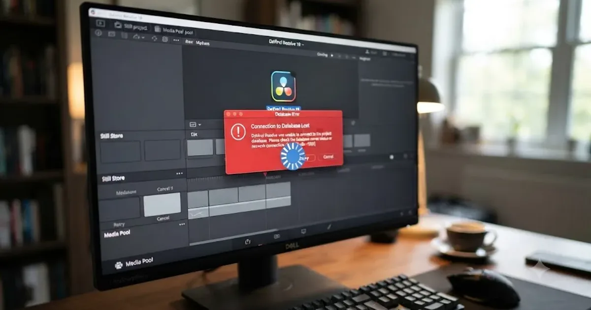 Illustration of a DaVinci Resolve project thumbnail with a loading spinner stuck at 100 percent