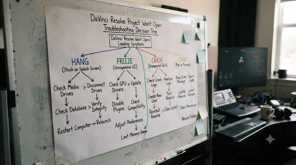 Illustration of a decision tree mapping DaVinci Resolve loading symptoms to their fixes
