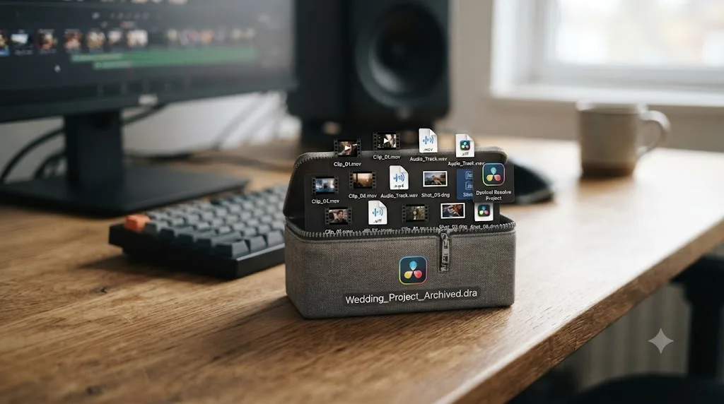 Illustration of a DaVinci Resolve project bundled with its media files inside a single archive package