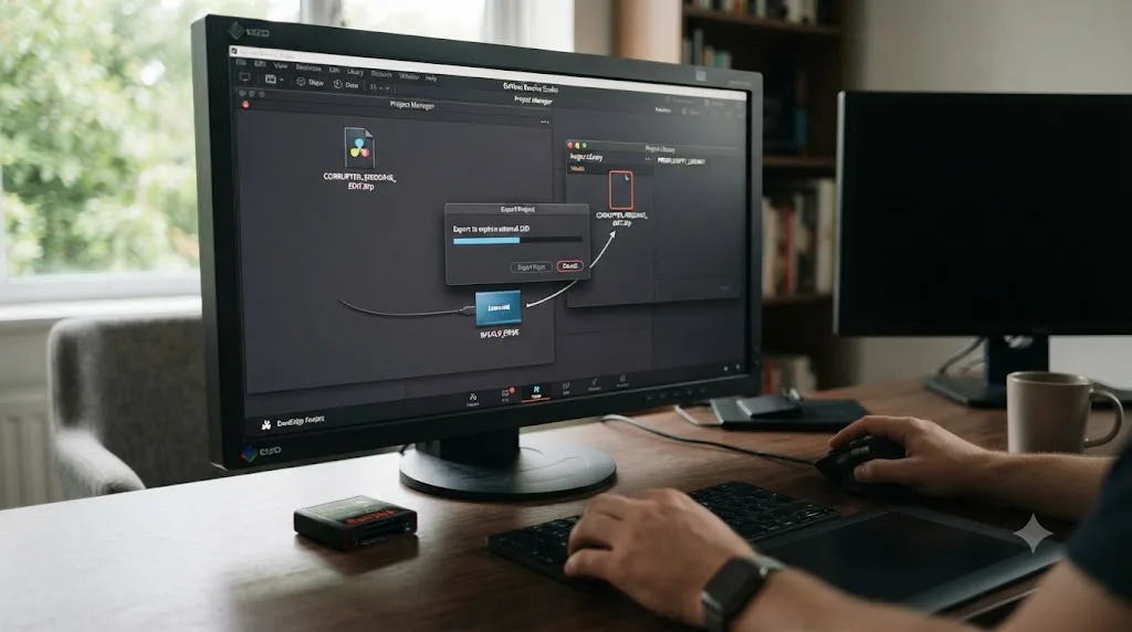Illustration of a corrupted DaVinci Resolve project being exported and reimported into a fresh project library