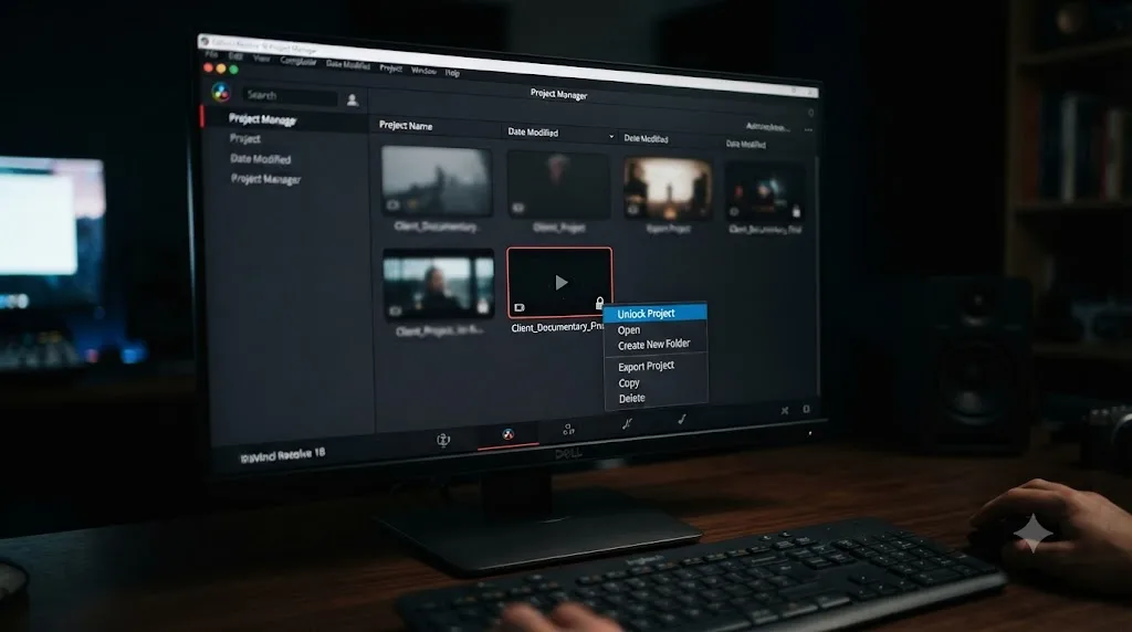 Illustration of a padlock icon on a DaVinci Resolve project with an unlock menu option highlighted