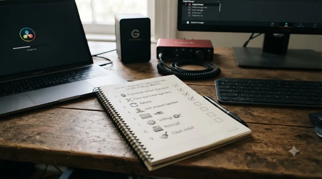 Illustration of a numbered checklist of DaVinci Resolve troubleshooting steps from safest to most drastic