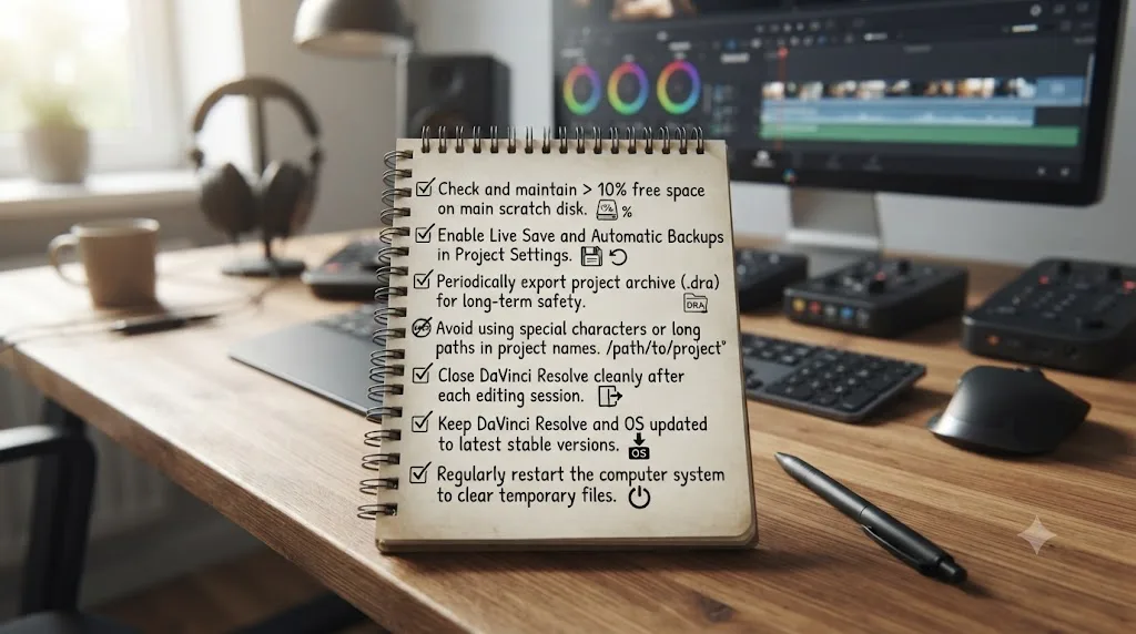 Illustration of a checklist of habits for preventing DaVinci Resolve save failures before they happen