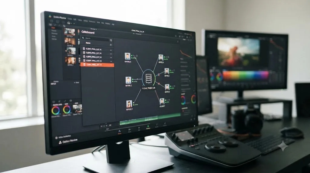 Illustration of a Blackmagic Cloud collaboration dashboard showing several editors connected to a shared project database