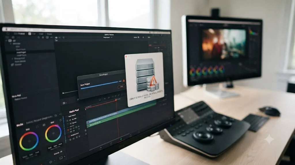 Illustration of a corrupted database index warning behind a stalled DaVinci Resolve save dialog