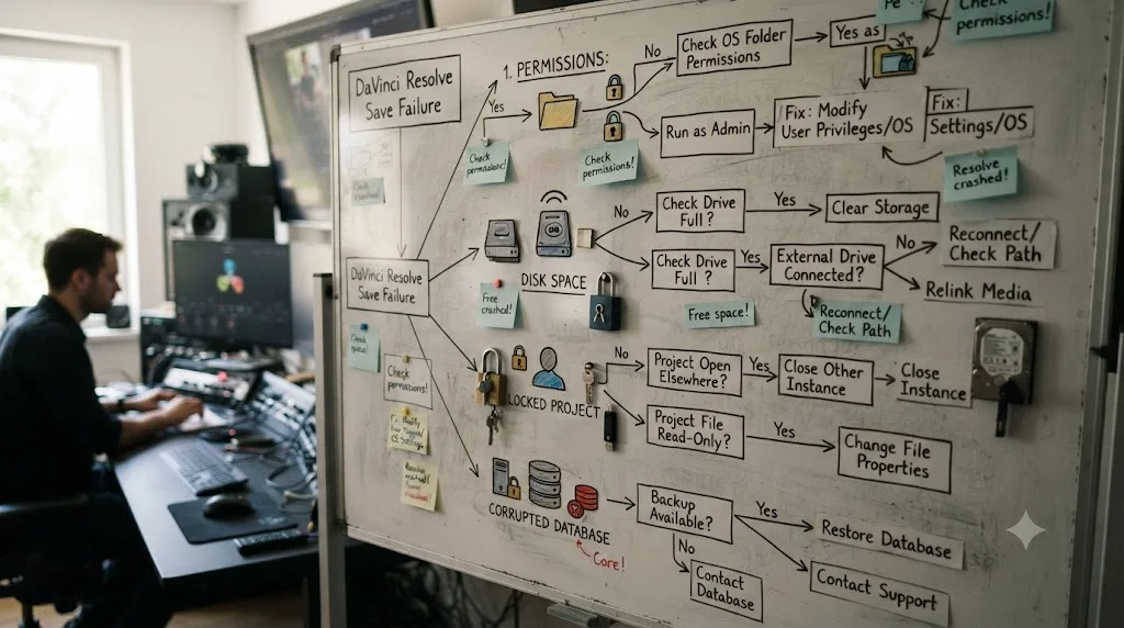 Illustration of a decision tree mapping DaVinci Resolve save failure symptoms to their fixes