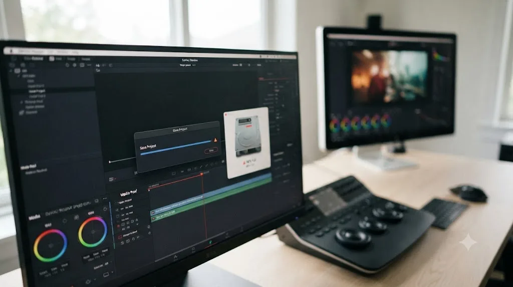 Illustration of a nearly full hard drive icon next to a DaVinci Resolve save operation stalling