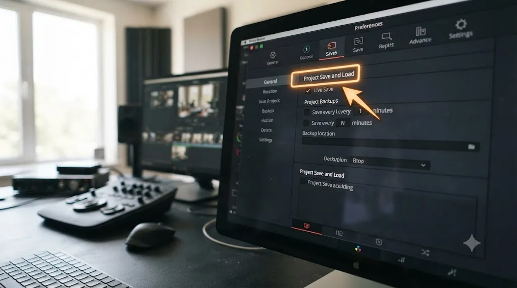 Illustration of the DaVinci Resolve Preferences Project Save and Load panel with the Live Save checkbox highlighted