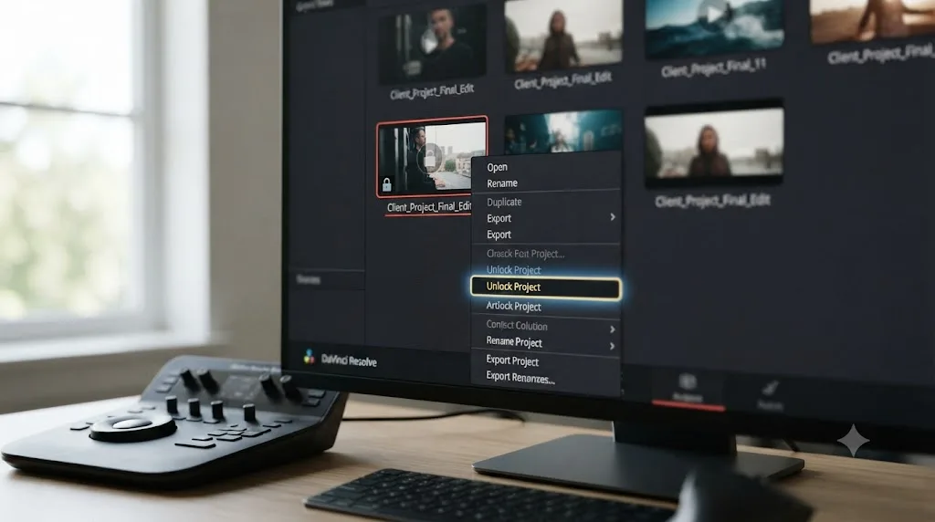 Illustration of a padlock icon on a DaVinci Resolve project with an unlock menu option highlighted
