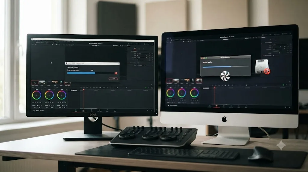 Illustration of a Windows PC and a Mac side by side showing different DaVinci Resolve save failure symptoms