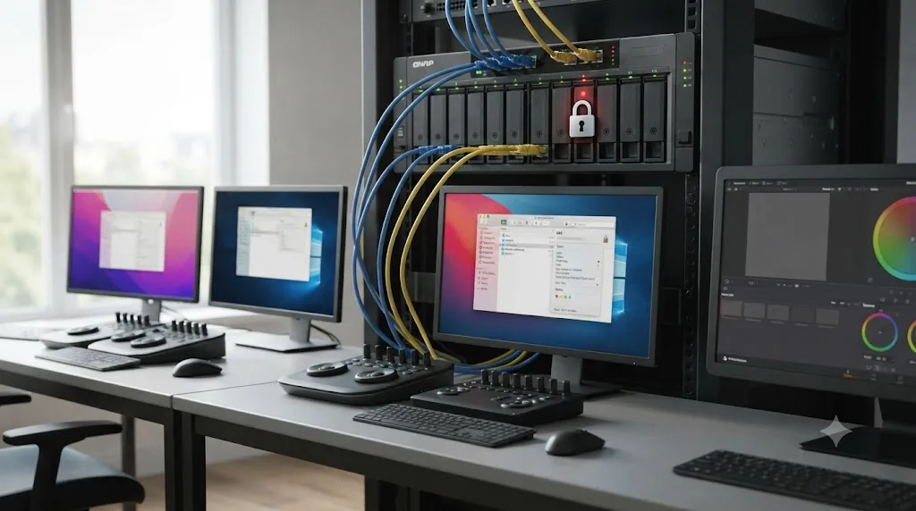 Illustration of a NAS device connected to multiple workstations with one bin locked and others shown as read-only
