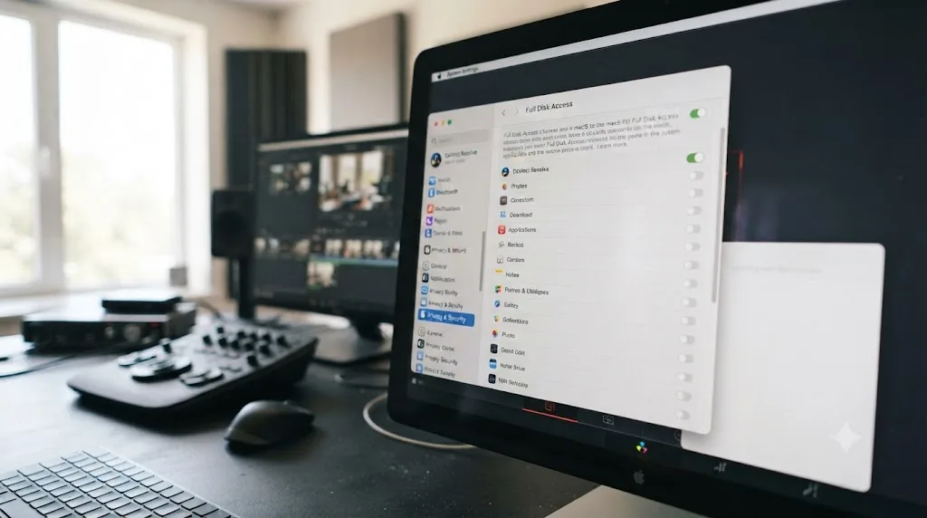 Illustration of a macOS Privacy and Security panel with Full Disk Access enabled for DaVinci Resolve