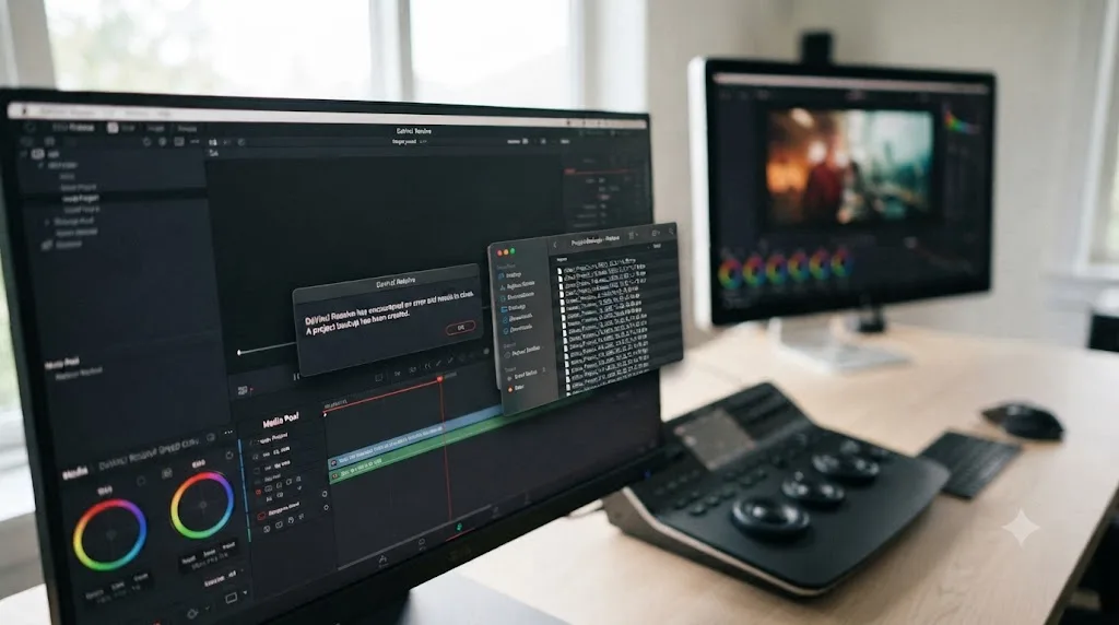 Illustration of a DaVinci Resolve crash dialog next to a timestamped list of project backup files