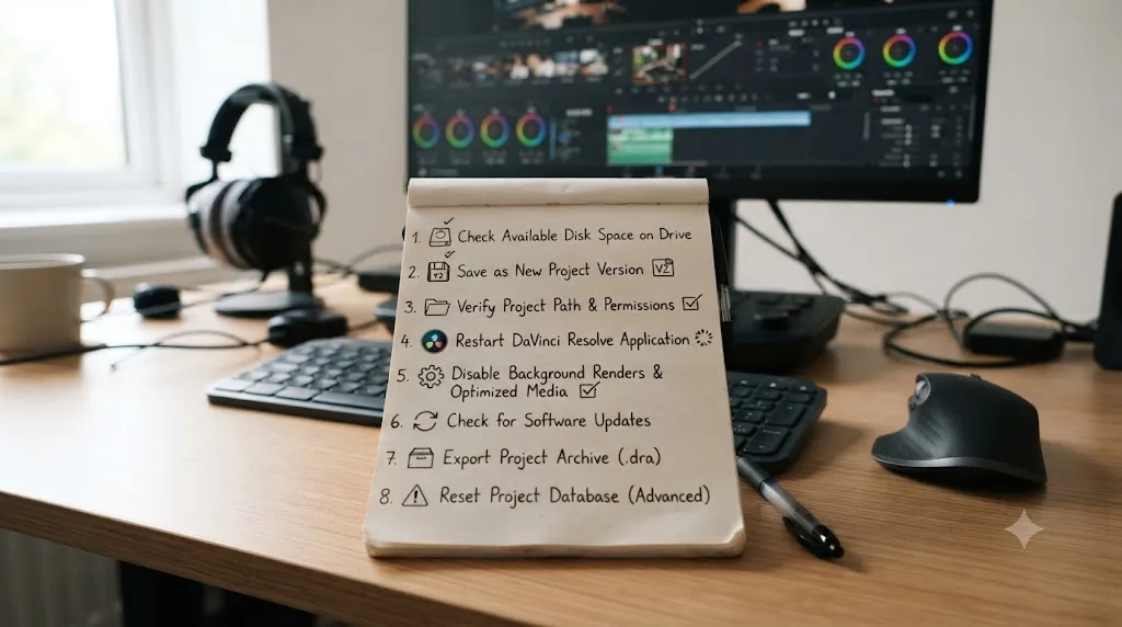 Illustration of a numbered checklist of DaVinci Resolve save troubleshooting steps from safest to most drastic