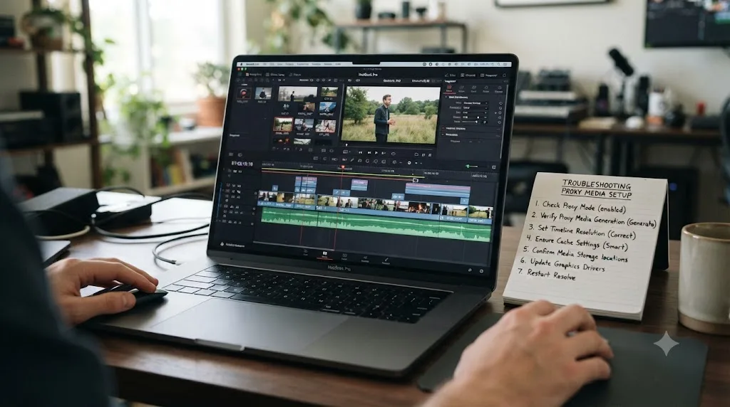Illustration of a numbered troubleshooting checklist overlaid on a smooth DaVinci Resolve timeline on a laptop