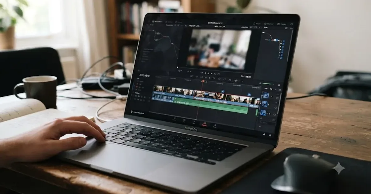 Illustration of a laptop running DaVinci Resolve with proxy media icons replacing heavy camera files on the timeline