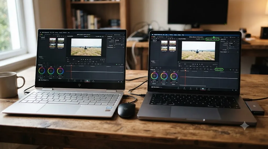 Illustration comparing hardware H.265 decode availability between free DaVinci Resolve on Windows and Mac laptops