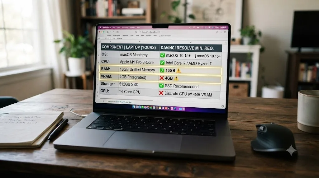 Illustration comparing a laptop's specifications against DaVinci Resolve's minimum system requirements