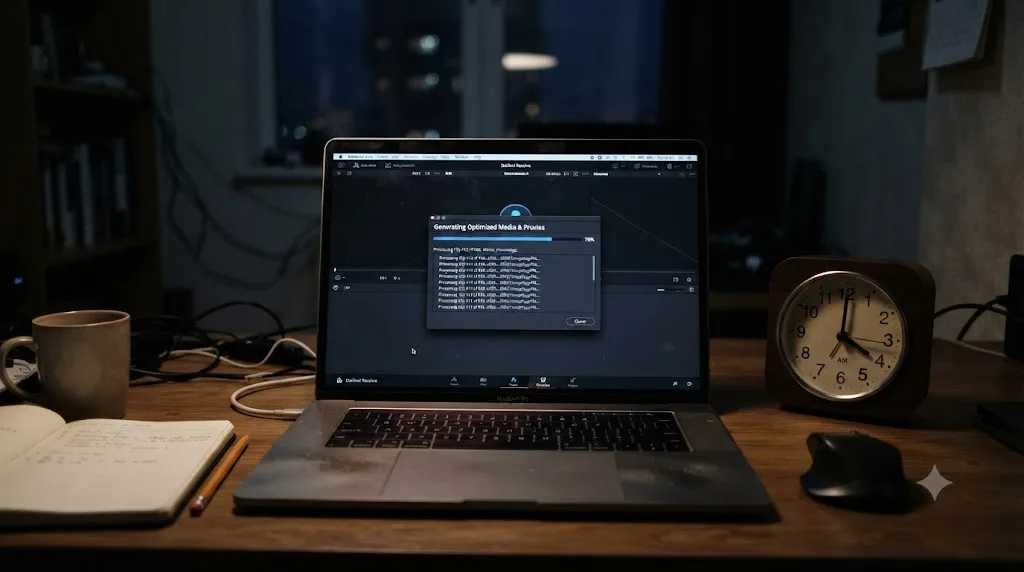 Illustration of a laptop generating DaVinci Resolve proxy media overnight in the background