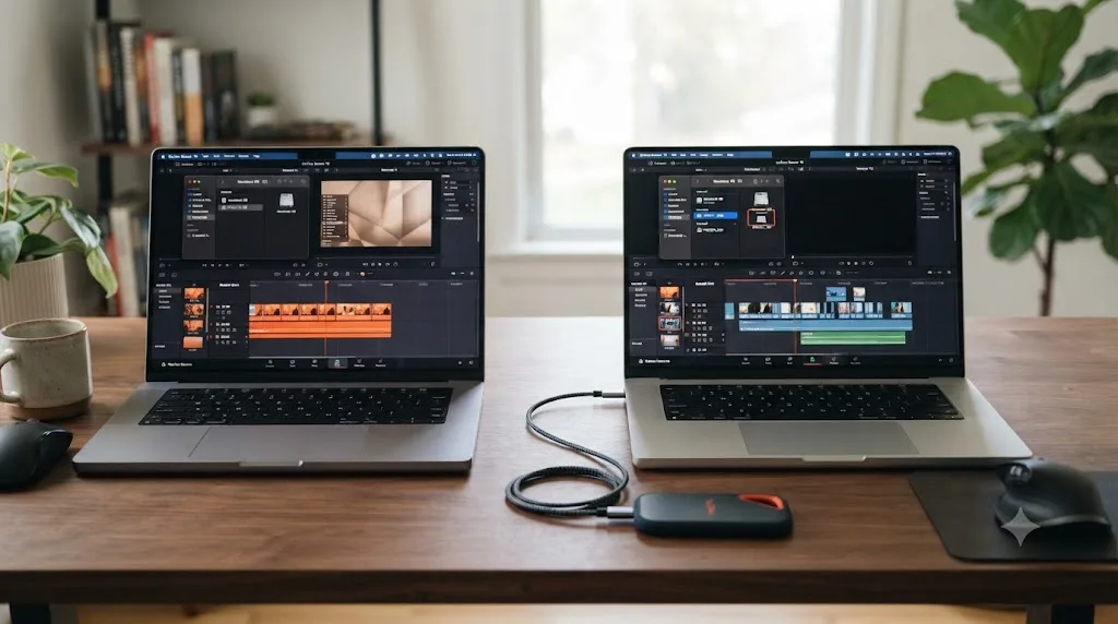 Illustration comparing a laptop's single internal drive against an external SSD handling proxy and cache files