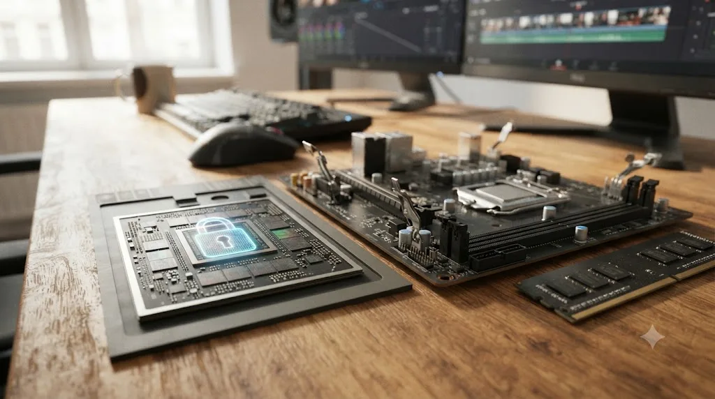 Illustration of an Apple silicon chip with a locked unified memory pool next to an open, upgradable desktop RAM slot