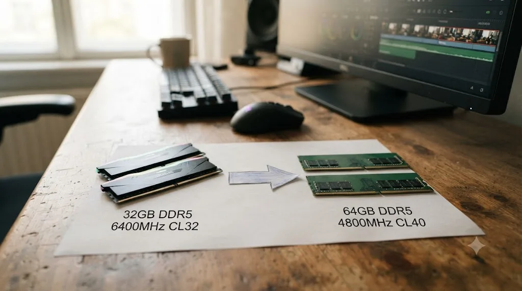 Illustration comparing a premium high speed RAM kit against a standard speed higher capacity kit at a similar price
