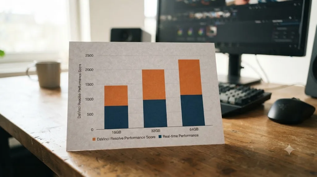 Illustration of a stacked bar comparison showing DaVinci Resolve performance scores at 16GB, 32GB, and 64GB RAM capacities