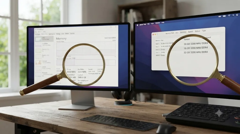 Illustration of a Windows memory panel next to a macOS memory panel, both highlighted with a magnifying glass