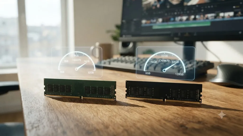 Illustration comparing a DDR4 memory stick and a DDR5 memory stick with a capacity gauge instead of a speed rating highlighted