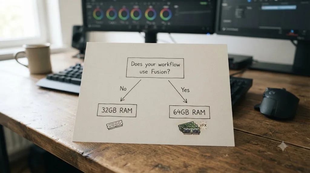 Illustration of a decision tree branching from a Fusion workflow question to 32GB or 64GB RAM recommendations